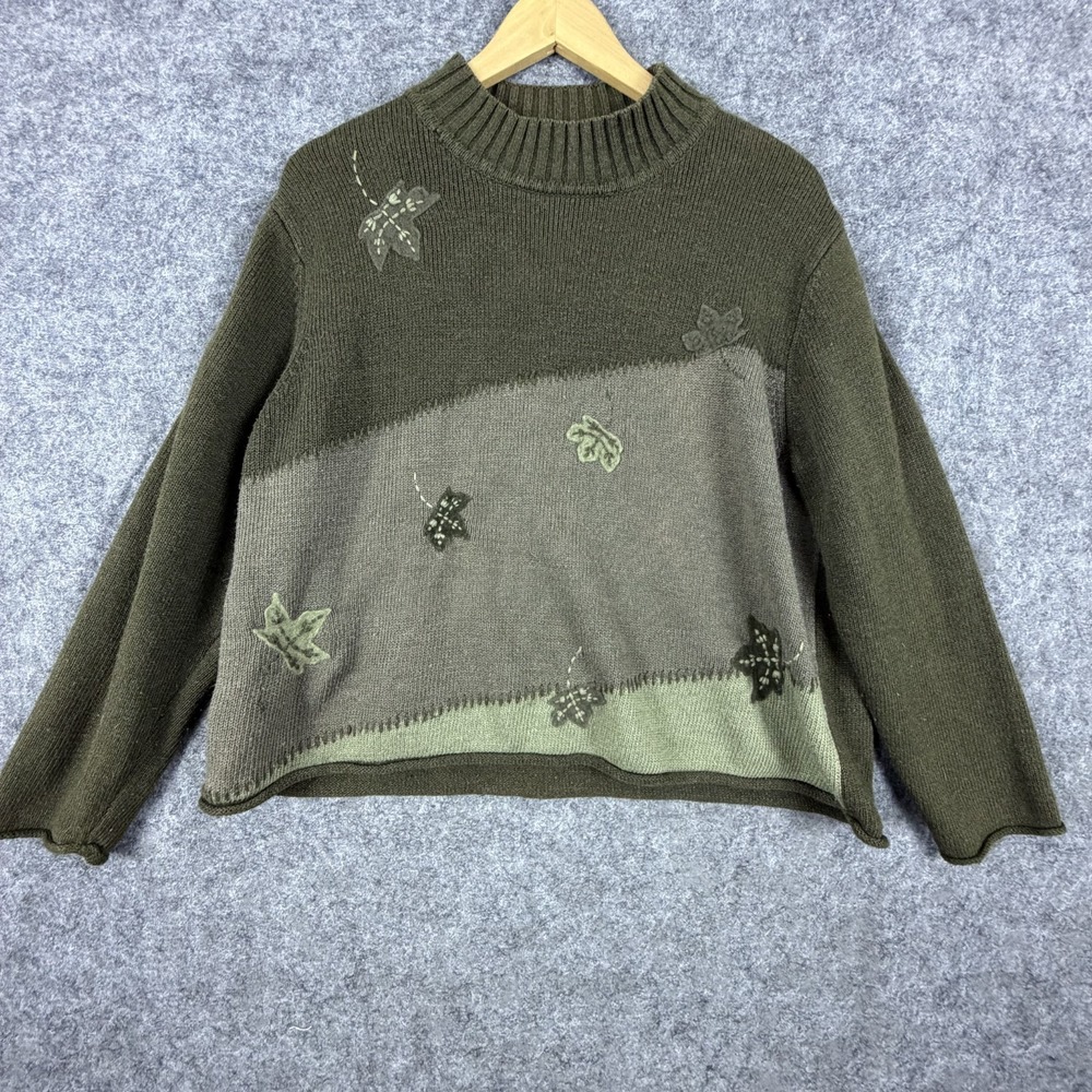 Vintage Norton Studios Sweater Womens XL Monochromatic Green Leaves Boxy